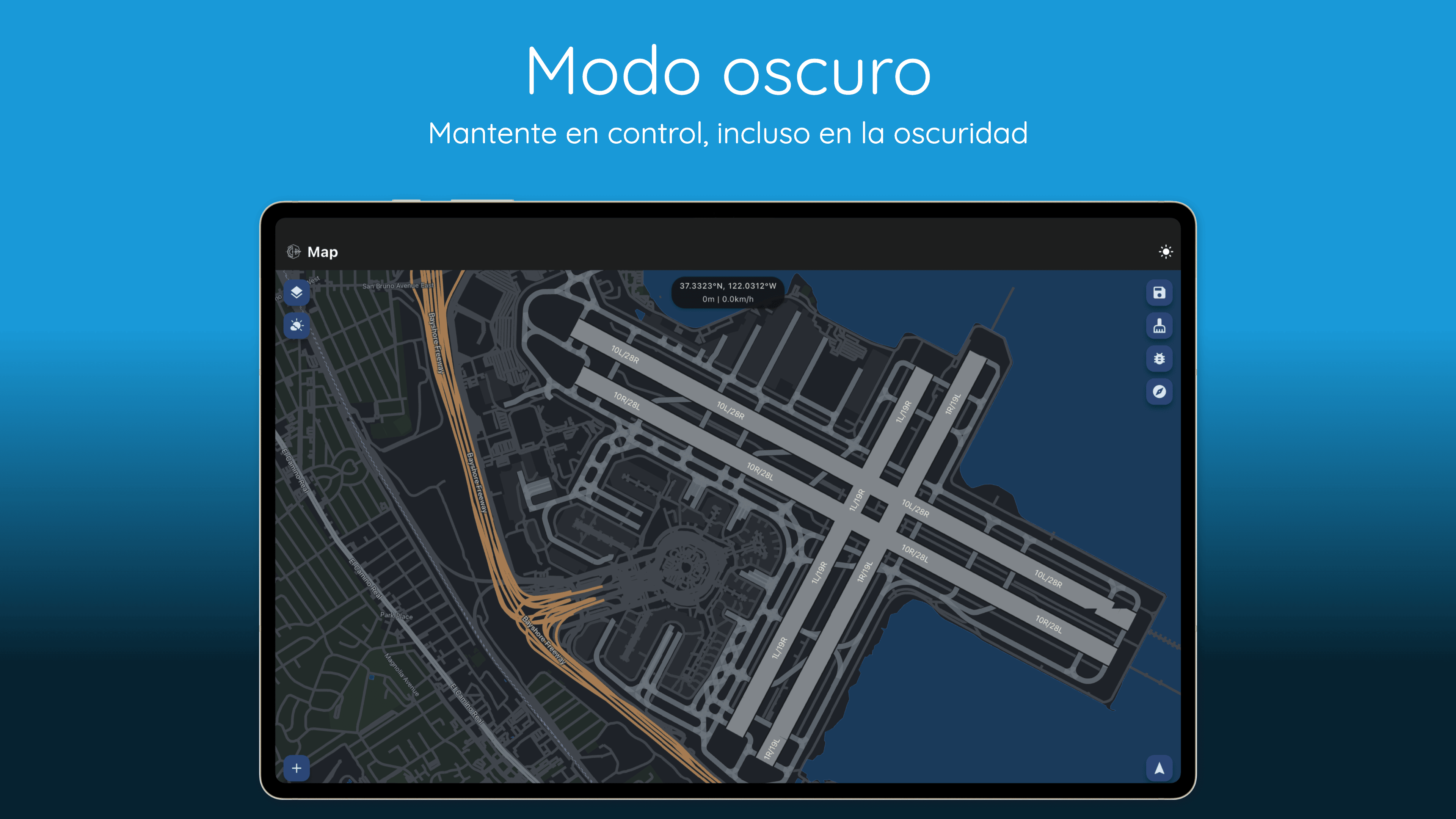 Mapa Móvil de Pilot Kit mostrando posición GPS en carta seccional con espacio aéreo y terreno